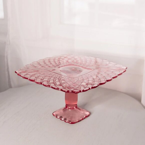 Vintage LE Smith Large Square Pink Glass Trellis Cake Stand - Picture 4 of 7